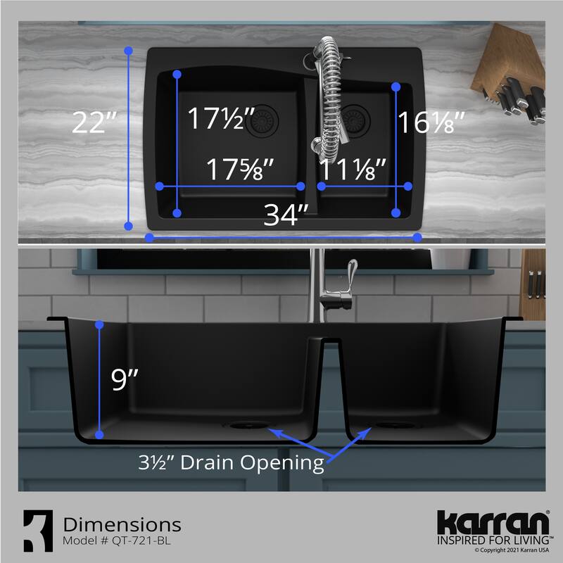 Karran Drop-In Quartz 34 in. Double Bowl 60/40 Kitchen Sink With Bottom Grids and Strainers