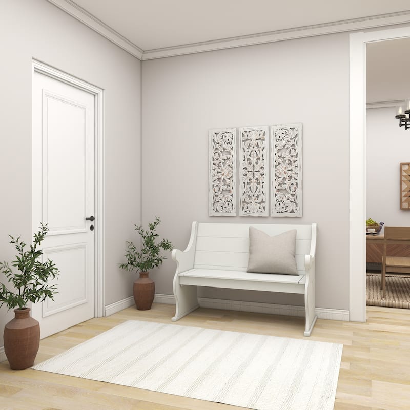 White Wooden Handmade Intricately Carved Floral Home Wall Decor (Set of 3)