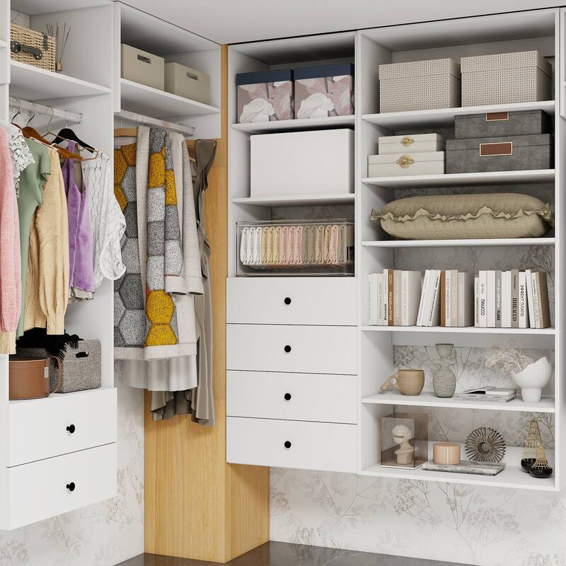 Modular Closet System Organizer with Hanging Rod and Adjustable Shelves, Wall-Mounted Walk in Closet Organizer with Drawers