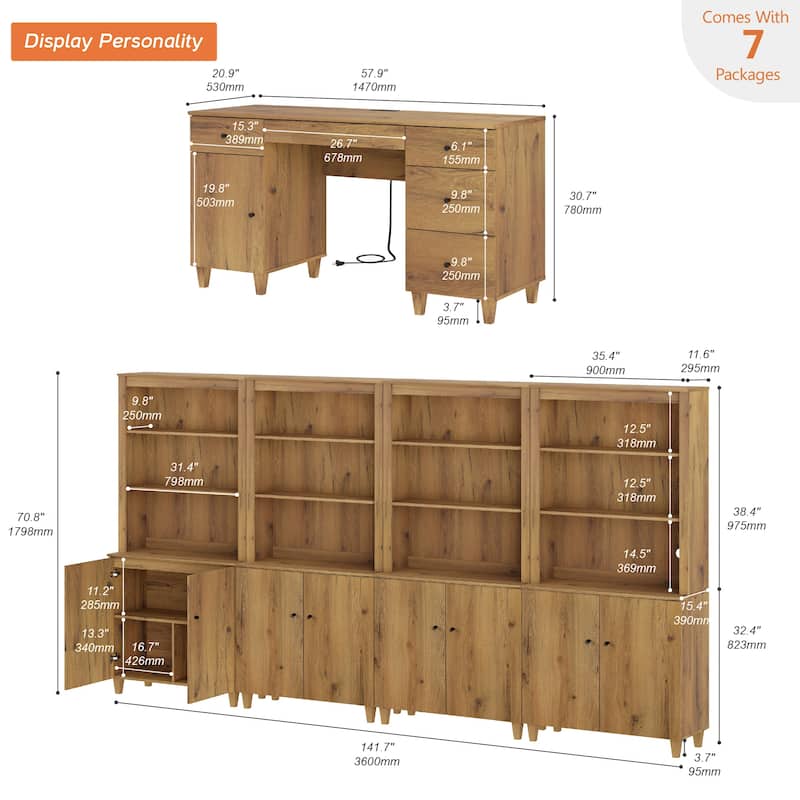 WAMPAT Home Office Furniture Set, 58" Executive Desk with Cabinet, 4-Column 71" Tall Bookcase with Doors and Adjustable Shelves