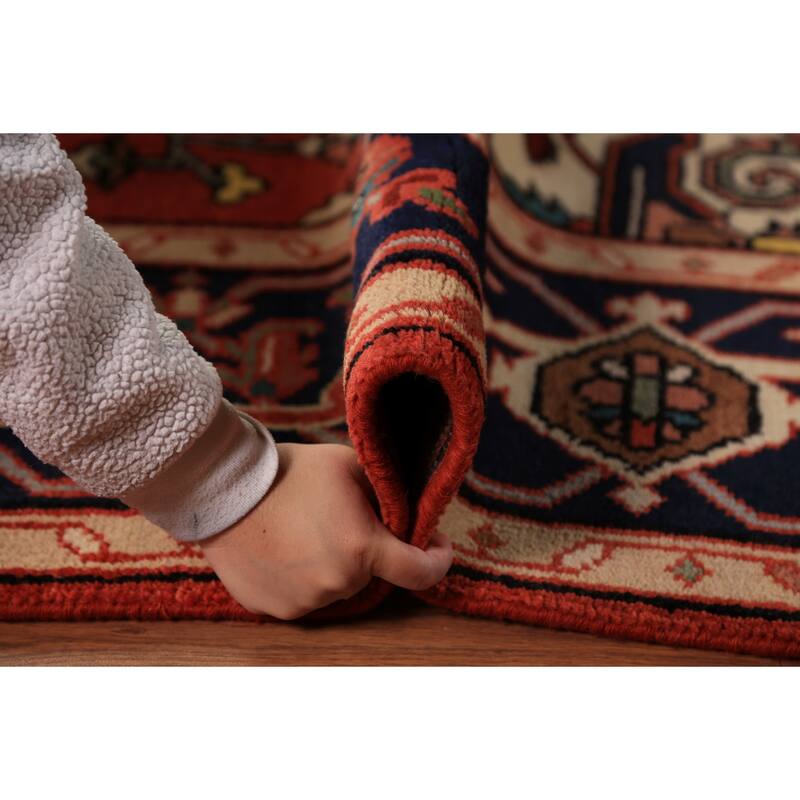 Orange Geometric Heriz Serapi Indian Area Rug Handmade Wool Carpet - 7'11"x 9'10"