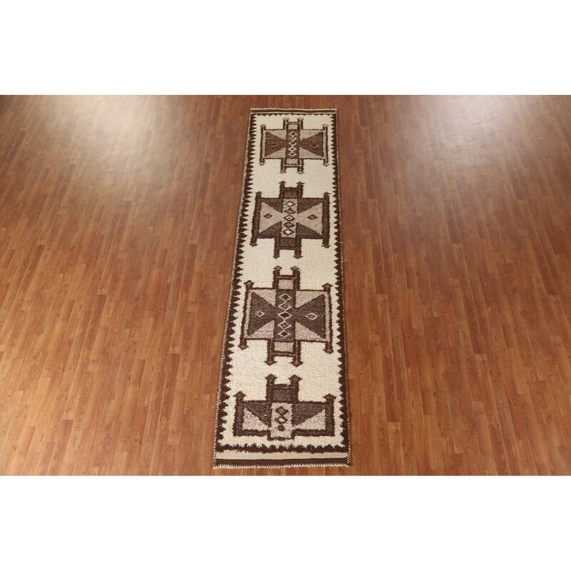 Tribal Beige Anatolian Turkish Runner Rug Handmade Wool Carpet - 2'11"x 11'8"