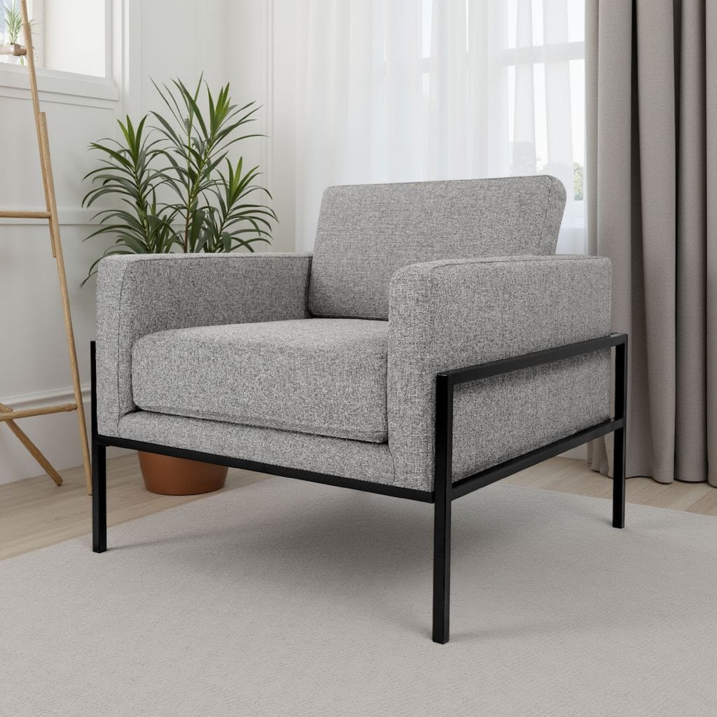 Fiam Accent Armchair, Heather Gray Woven Fabric, Black Metal Legs