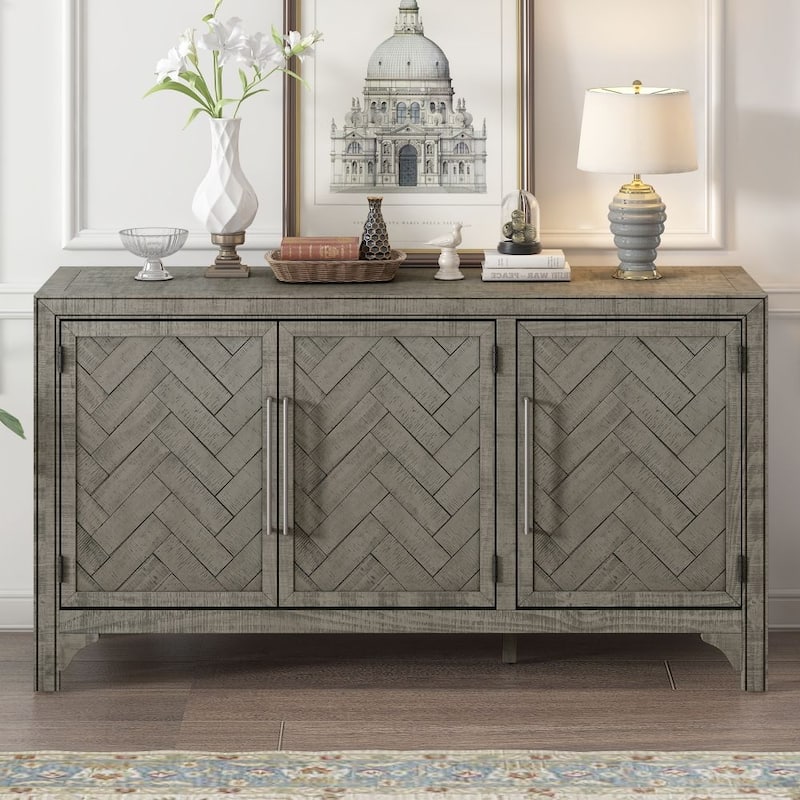 Designed Storage Cabinet Sideboard with MDF+Pine veneer , Adjustable Shelves, Suitable - Grey