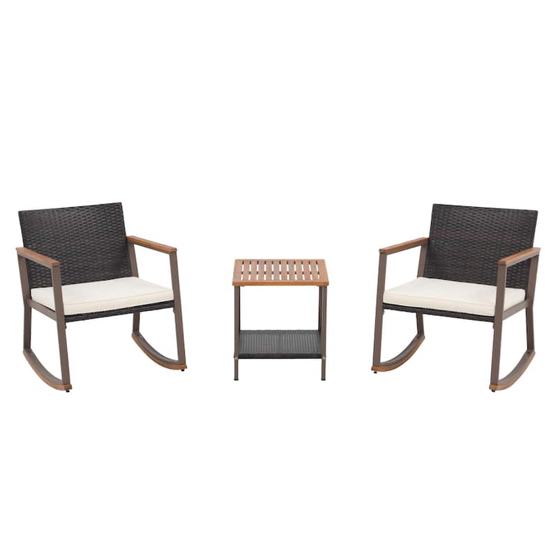 3-Piece Outdoor Wicker Rocking Chair Set with Cushions
