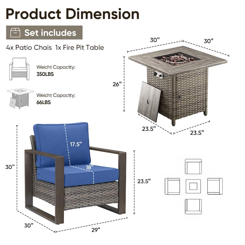 Pocassy 5 Pieces Outdoor All-Weather Chair with Fire Table Set