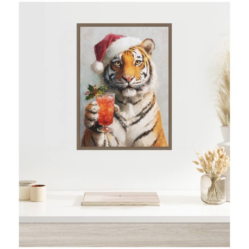 Kate and Laurel Sylvie Framed Canvas Tiger Festive Cocktail Santa Hat by The Creative Bunch Studio