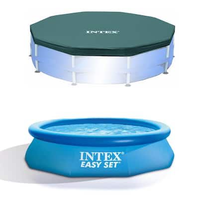 Intex 10ft Round Swimming Pool Cover & Easy Set 10ft x 30in Inflatable Pool - 18.9