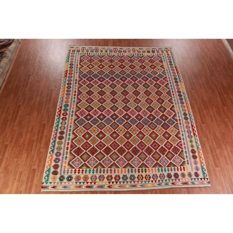 Reversible Trellis Kilim Oriental Area Rug Hand-Woven Wool Carpet - 10'3"x 13'5"