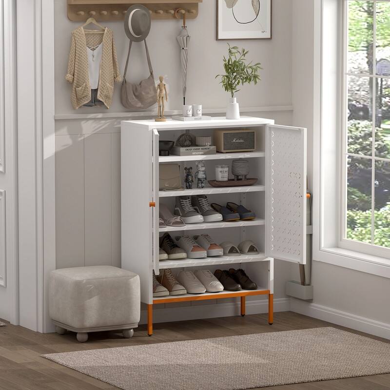 Grid Double Door Shoe Cabinet with Adjustable Shelves and Moisture-Proof Base