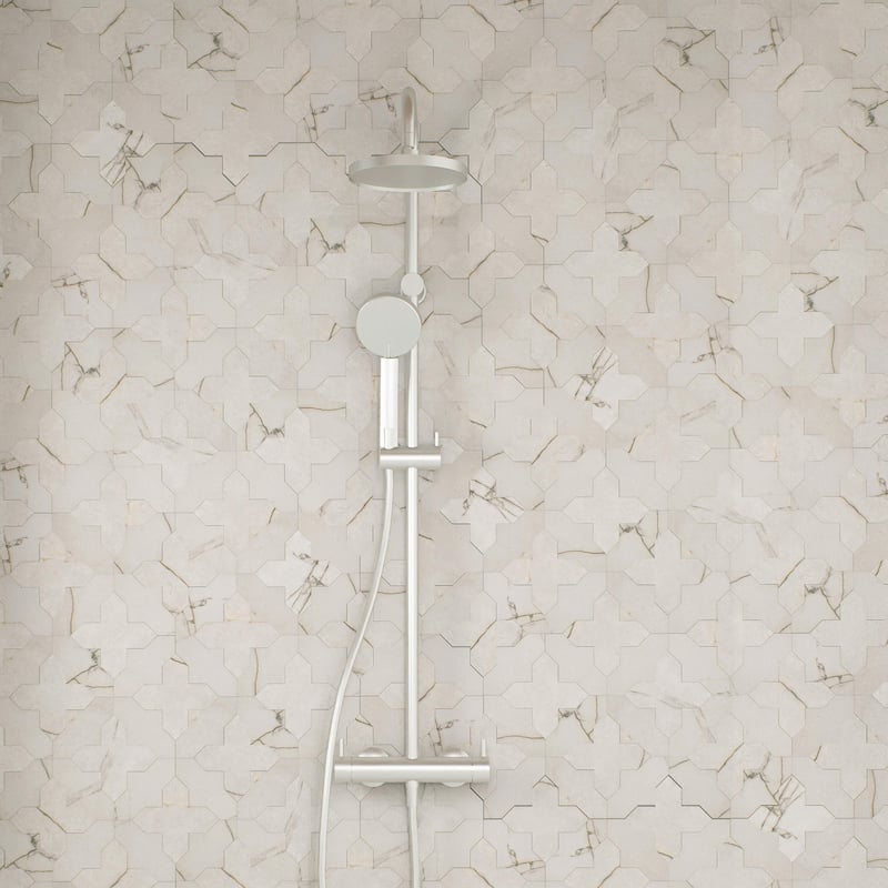 Merola Tile Istanbul Templar Shield Day with Day Cross 8-3/8" x 8-3/8" Porcelain Floor and Wall Tile - Case (36 Tiles)