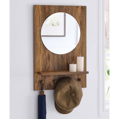 Teresa Modern Walnut Wall Mirror with Shelf and Hooks