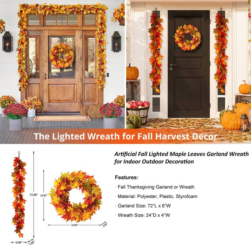 Glitzhome Thanksgiving LED Lighted Fall Maple Leaves Wreath & Garland with Timer