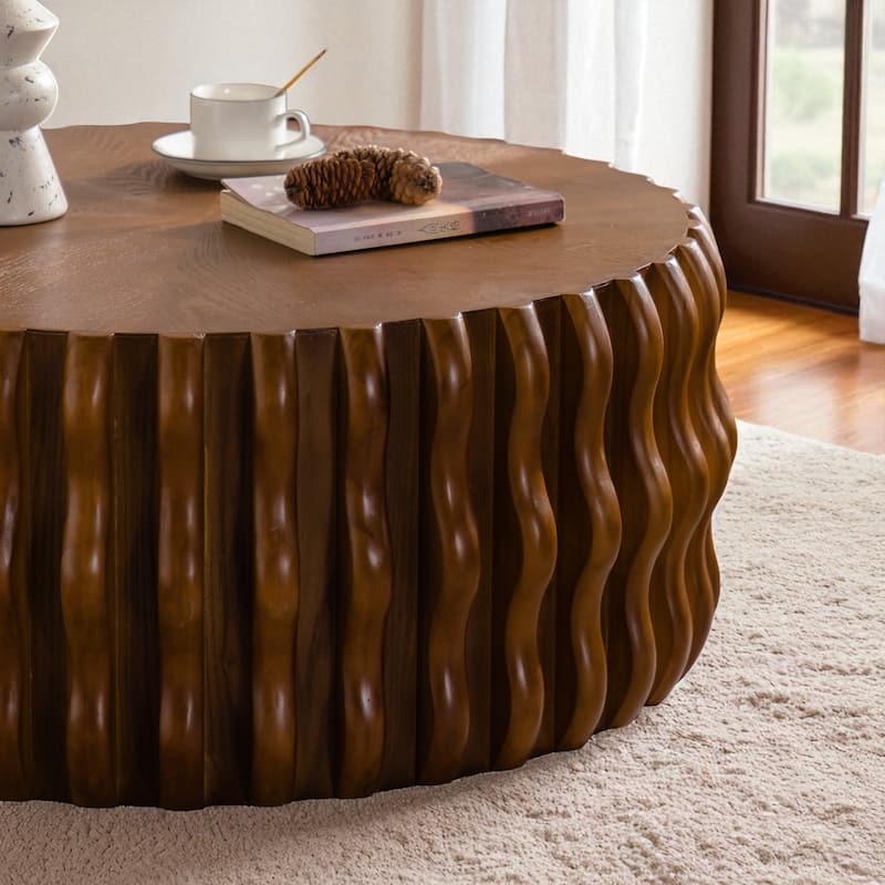 Drum Fluted Round Coffee Table - 38.5" Modern Mid-Century Accent Center Table with Solid Wood Pedestal