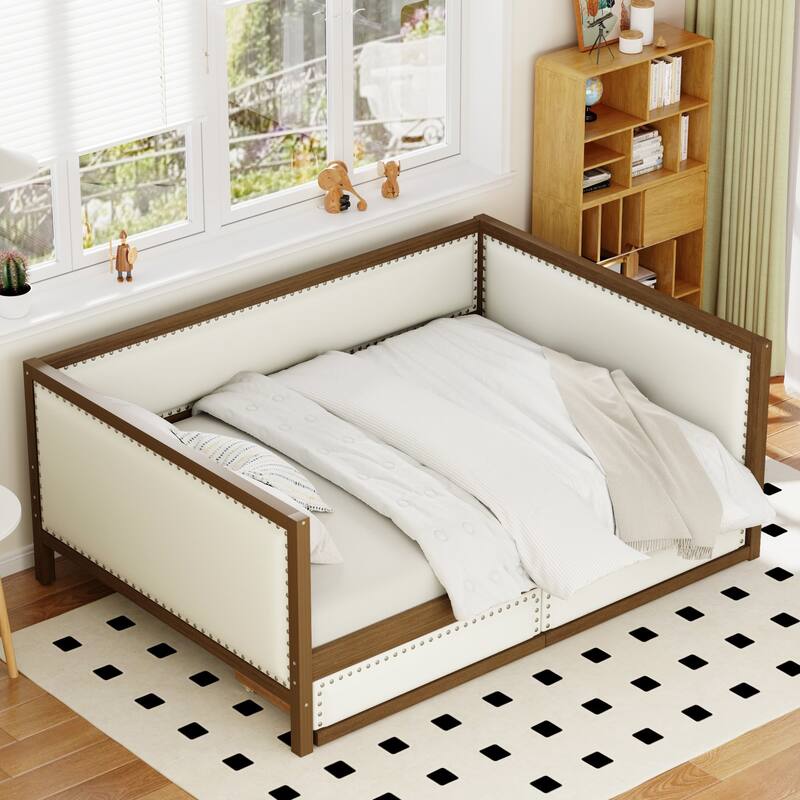 Full Size Upholstered Daybed with Nailhead Decor, Pltform Bed Frame with Trundle or 2 Drawers