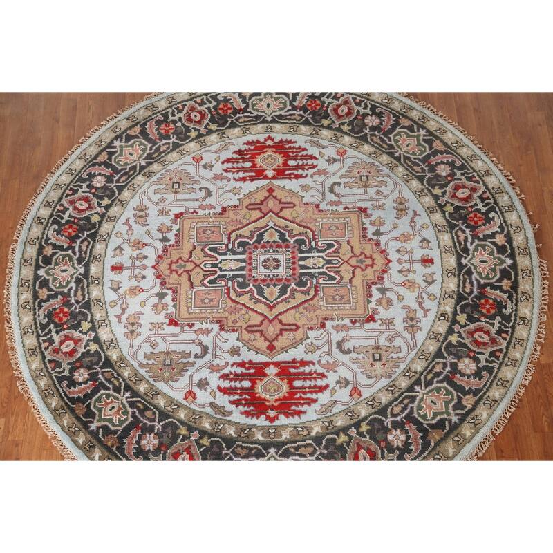 Light Blue Heriz-Serapi Oriental Round Area Rug Handmade Wool Carpet - 7'11"x 7'11"