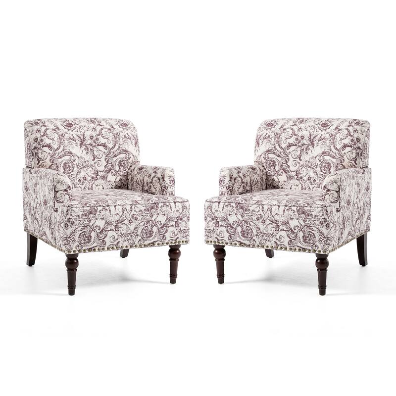 Set 2 Striped Upholstered Linen Armchair with Brass Nailhead Trim