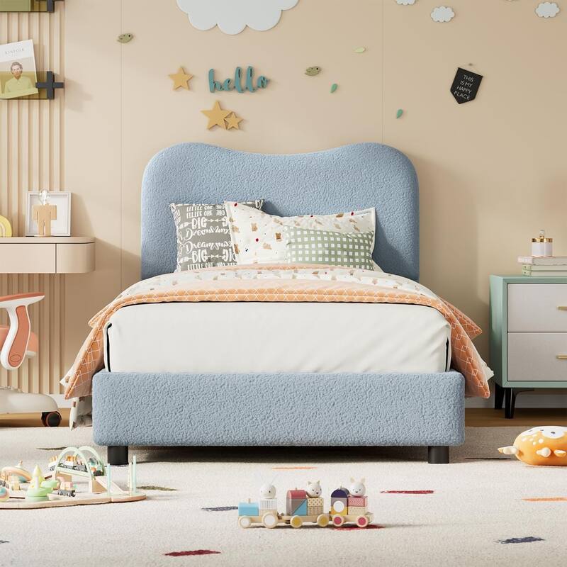 Kids Upholstered Platform Bed, Soft Boucle Fabric with Low Profile Frame & Wood Slats, Boys/Girls Bedroom