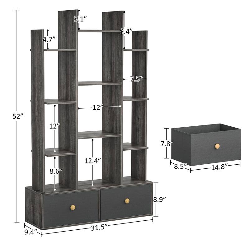 Book Shelf with 2 Drawers Free Standing Bookcase, Office Storage Shelf Organizer with 12 Open Bookshelf