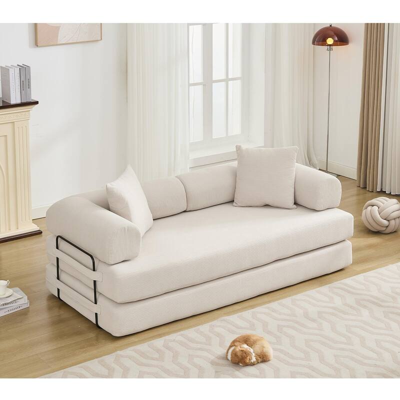 Folding Couch Convertible into King Size Floor Bed, 4-in-1 Corduroy Sleeper Sofa Bed with Moved Armrests and Non-Slip Pad