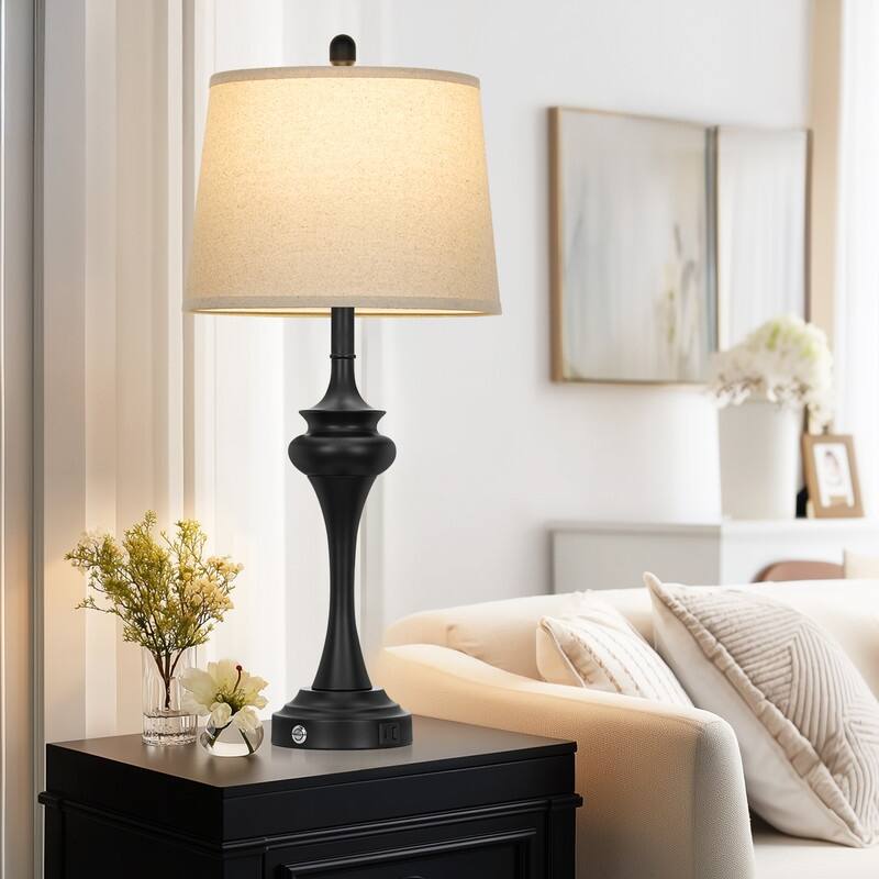 30'' Modern Table Lamps with USB & Type-C Ports, Oatmeal Fabric Shade & Metal Base (Set of 2)