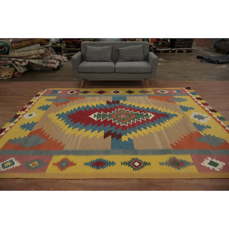 Hand Woven Oriental 100% Wool Carpet Southwestern Tribal Multi-Colored Kilim Area Rug - 9' 11'' X 8' 1''