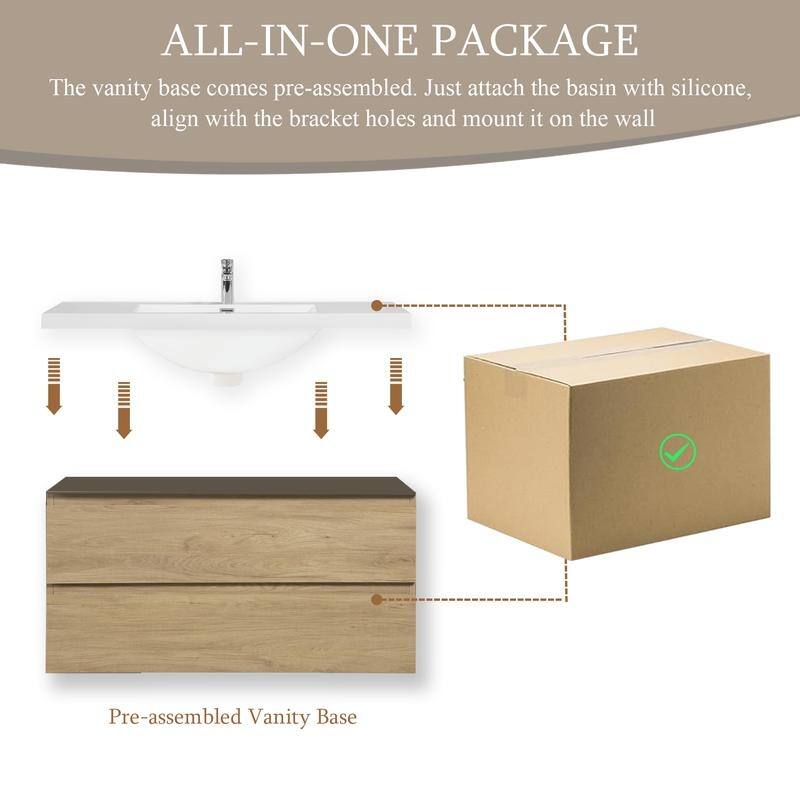 ABRUZZO 42" Floating Single Bathroom Vanity Wall-Mounted with Integrated Resin Top Basin 2 Soft Close Drawers Full Assembly
