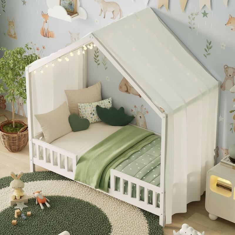 Whimsical Montessori-Inspired Floor Bed with Canopy & Full Safety Rails by Harper&Bright Designs - White - Twin