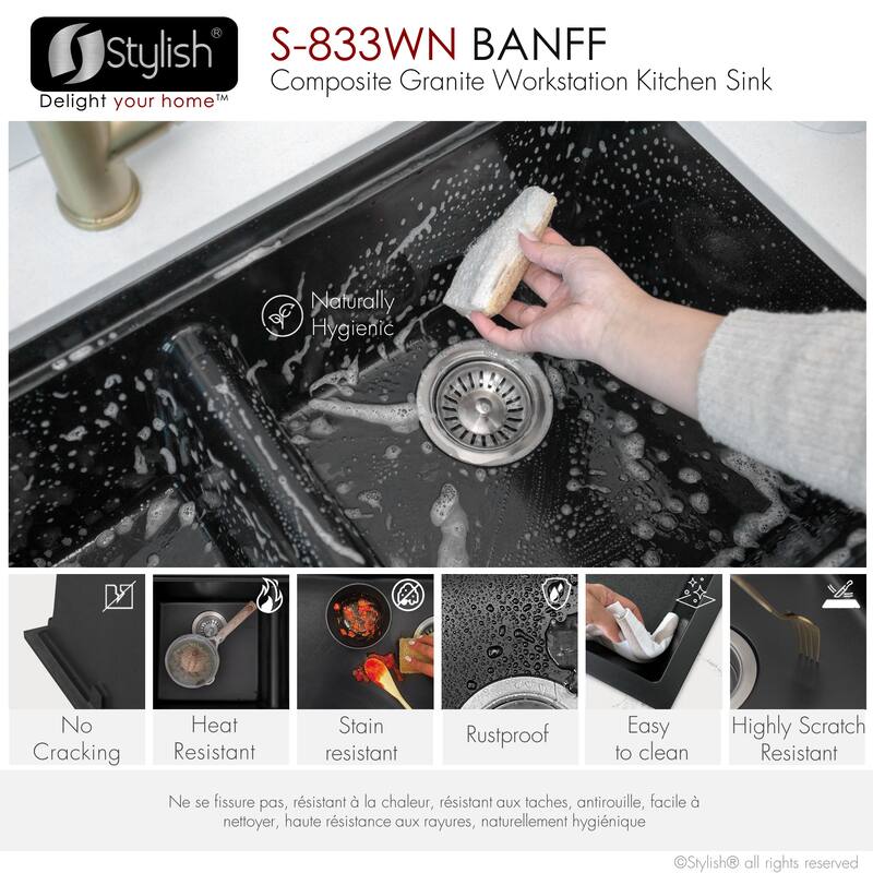 Dual mount 33 inch Black Composite Granite Double Bowl Workstation Kitchen Sink