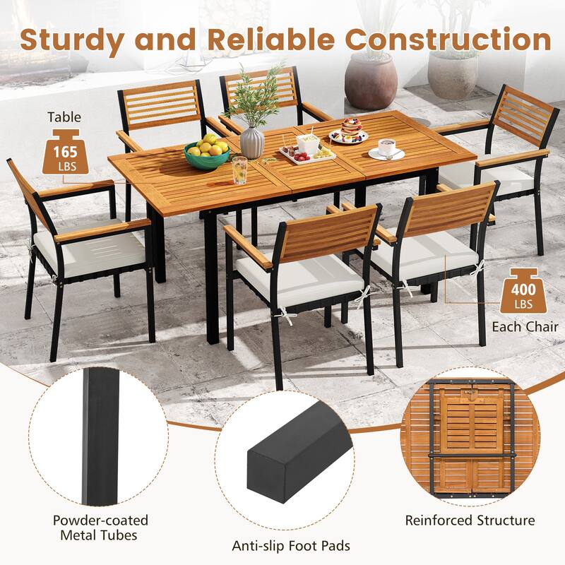 Expandable Acacia Wood Outdoor Dining Table with Metal Frame and Umbrella Hole for 4-8 Person - 51"-64" x 31.5" x 29"