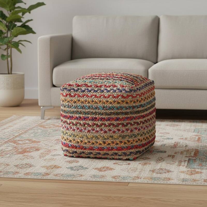 HomeRoots 18" Natural and Rainbow Braided Jute And Polyester Striped Pouf Ottoman - Natural/Rainbow - 18.00 in. x 18.00 in. x 18.00 in.