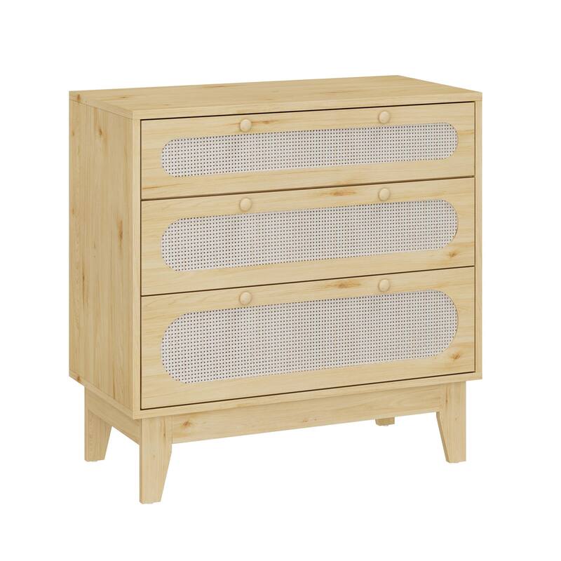 3 Drawer Wood Dresser with Rattan Accents, Modern Wood Storage Chest
