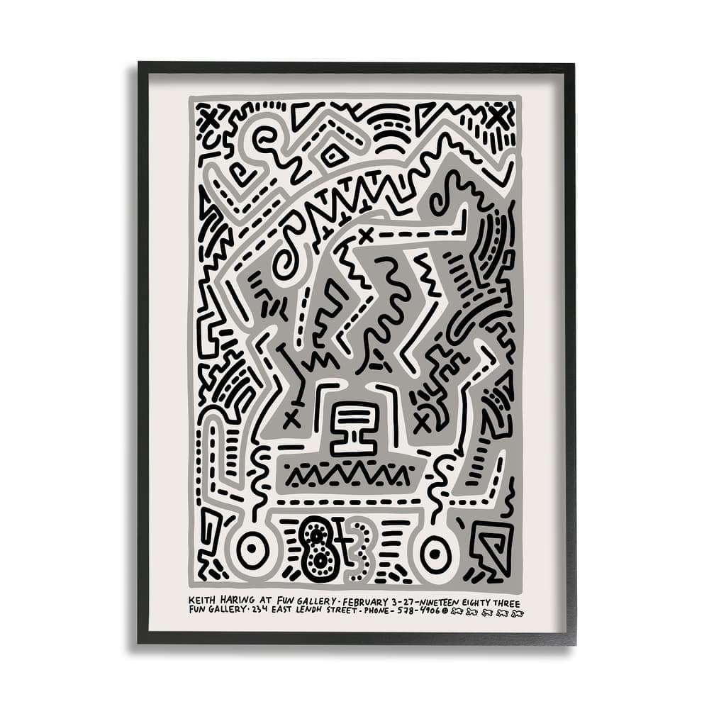 Stupell Keith Haring Monochrome Pop Style Squiggle Text Framed Wall Art - Grey