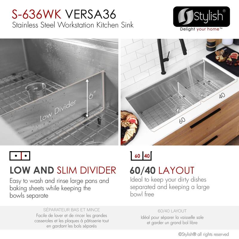 Stylish Versa36 Undermount 36" Double-Bowl Workstation Kitchen Sink - 36"x19"x10"
