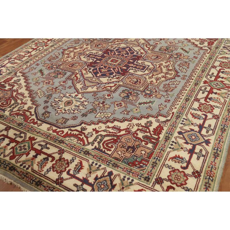 Hand Knotted Oriental 100% Wool Carpet Traditional Medallion Navy Blue & Blues Heriz (serapi) Area Rug - 9' 9'' X 7' 11''