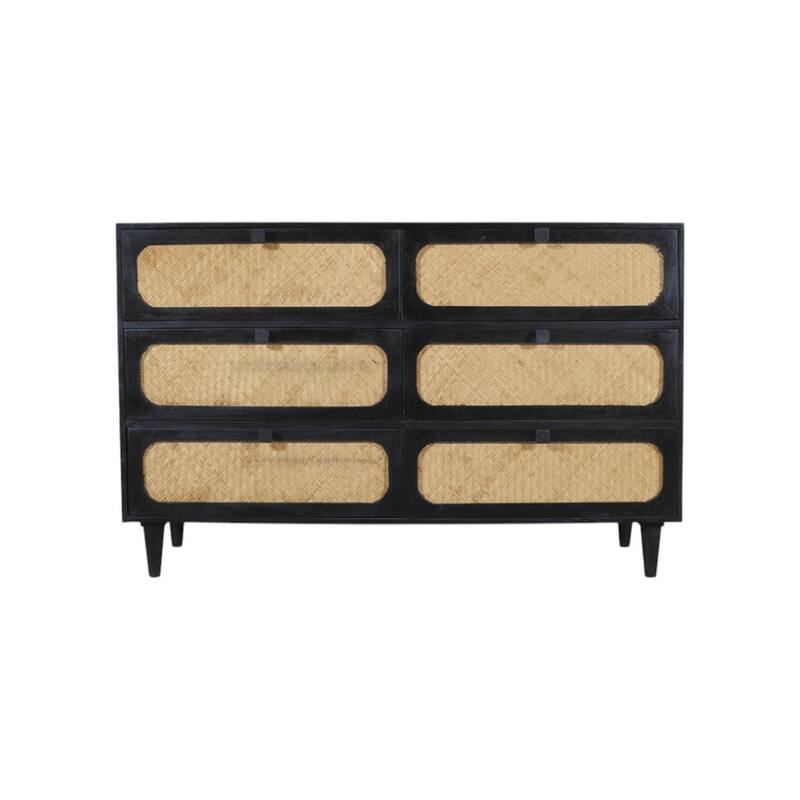 HomeRoots 56" Black And Natural Solid Wood And Rattan Six Drawer Double Dresser