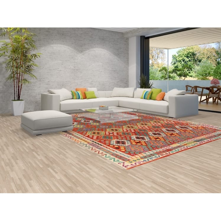 Reversible Kilim Oriental Area Rug Hand-Woven Living Room Wool Carpet - 9'10"x 13'0"