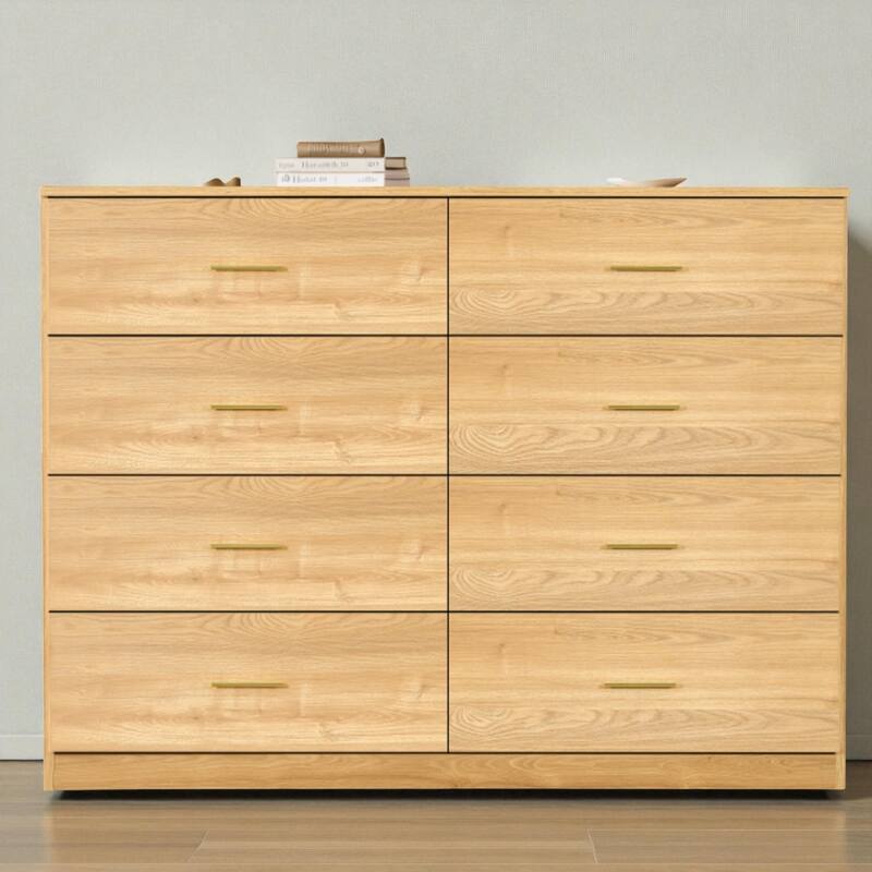 Modern Natural 8-Drawer Dresser Wide Bedroom Chest Engineered Wood Storage Cabinet with Golden Handles
