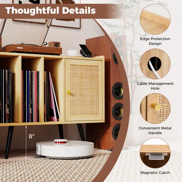 Natural Engineered Wood Rattan Record Player Stand with USB and AC Outlets - 31.5" x 16" x 25.5"