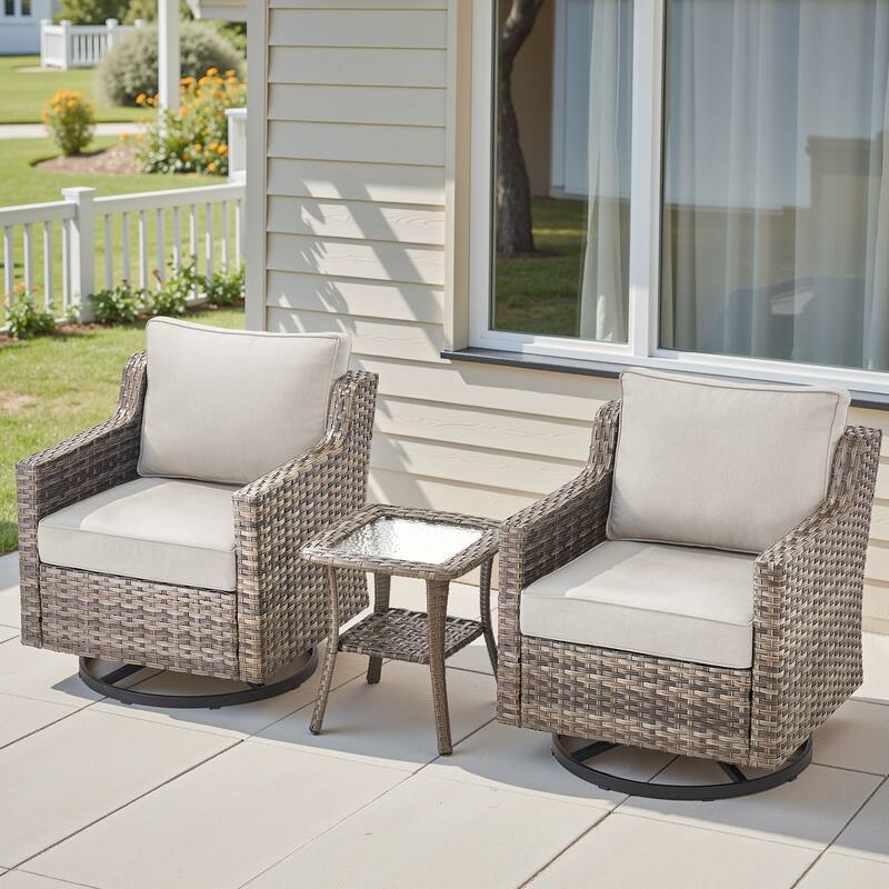 Pocassy Wicker Patio Glider Swivel Chair Ottoman Furniture Set. - Beige Cushion Gray Wicker - 3-Piece Swivel Chair Table Set