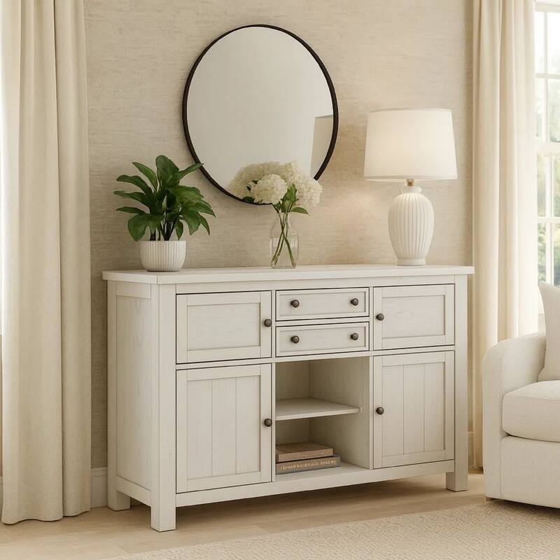 Fleur Dining Room Server with 4 Cabinets, Antique White Wood, 56 Inch