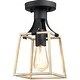 preview thumbnail 9 of 10, 1-Light Black and Wood Farmhouse Open Cage Semi-Flush Mount Ceiling Light - 6.3"W