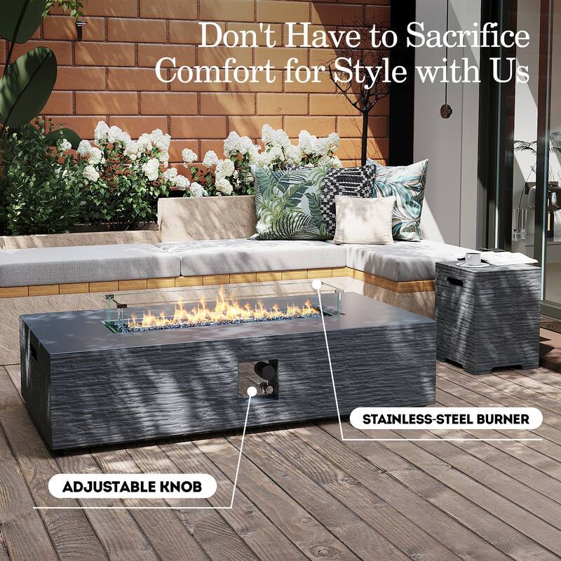 Patio Watcher 56in. Outdoor Rectangle Magnesium Oxide Fire Pit Table with Gas Tank Cover and Wind Guard