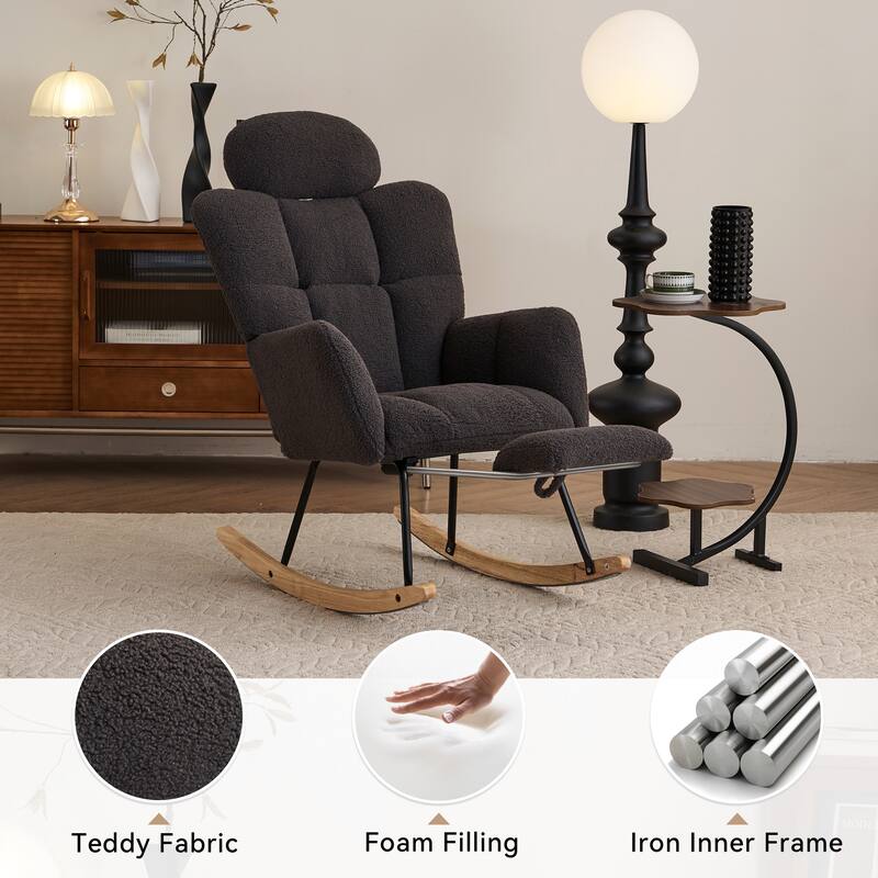 Teddy Fabric Upholstered Modern Nursery Rocking Chair with Footrest & High Backrest