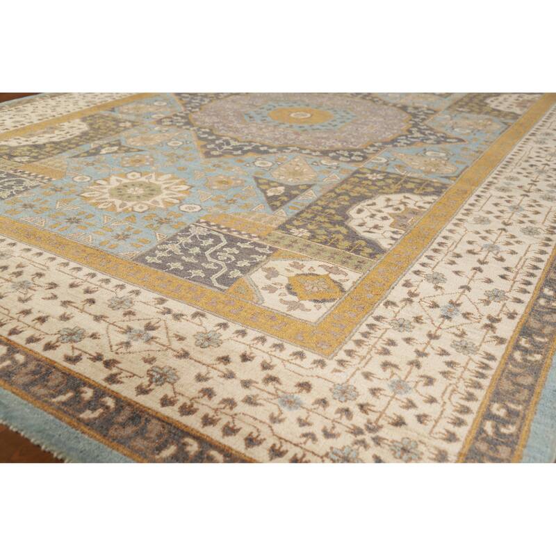 Hand Knotted Oriental 100% Wool Carpet Traditional Geometric Navy Blue & Blues Kazak Area Rug - 9' 9'' X 6' 7''