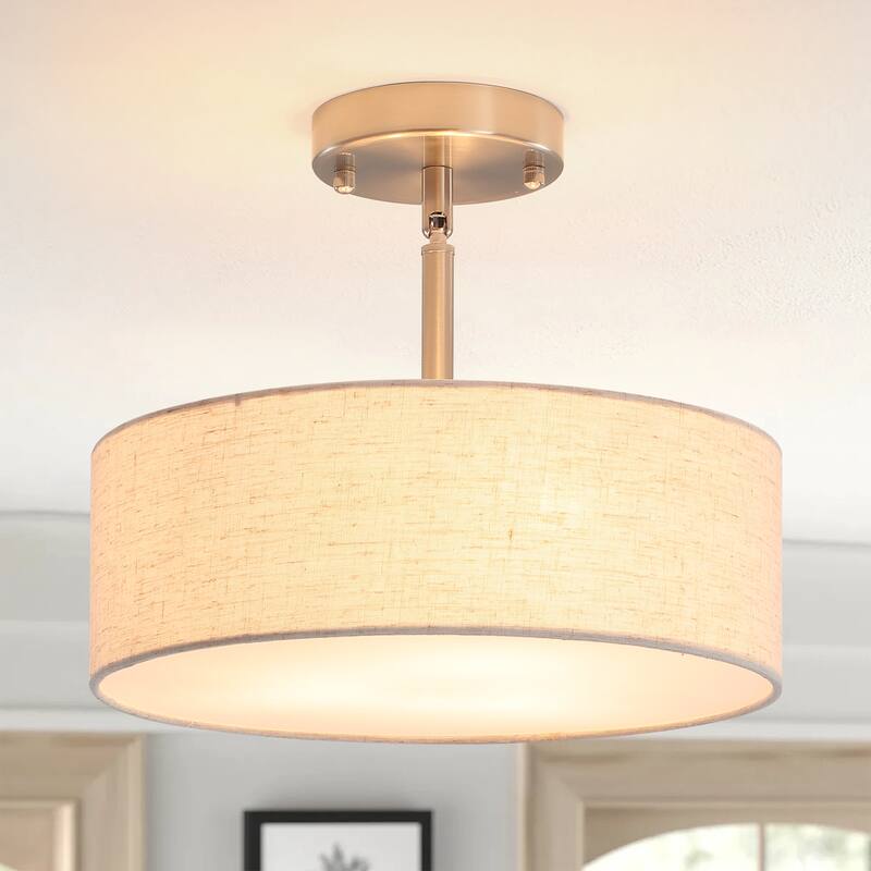 3-Light Classic Hanging Semi Flush Mount Ceiling Light Fixture with Rattan Cover for Kitchen Island - Nickel