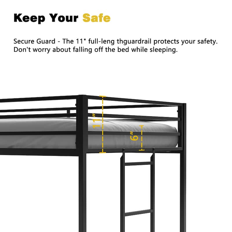Twin size Metal Junior Loft Bed for Kids with Guardrails and Ladder（350lb Capacity）