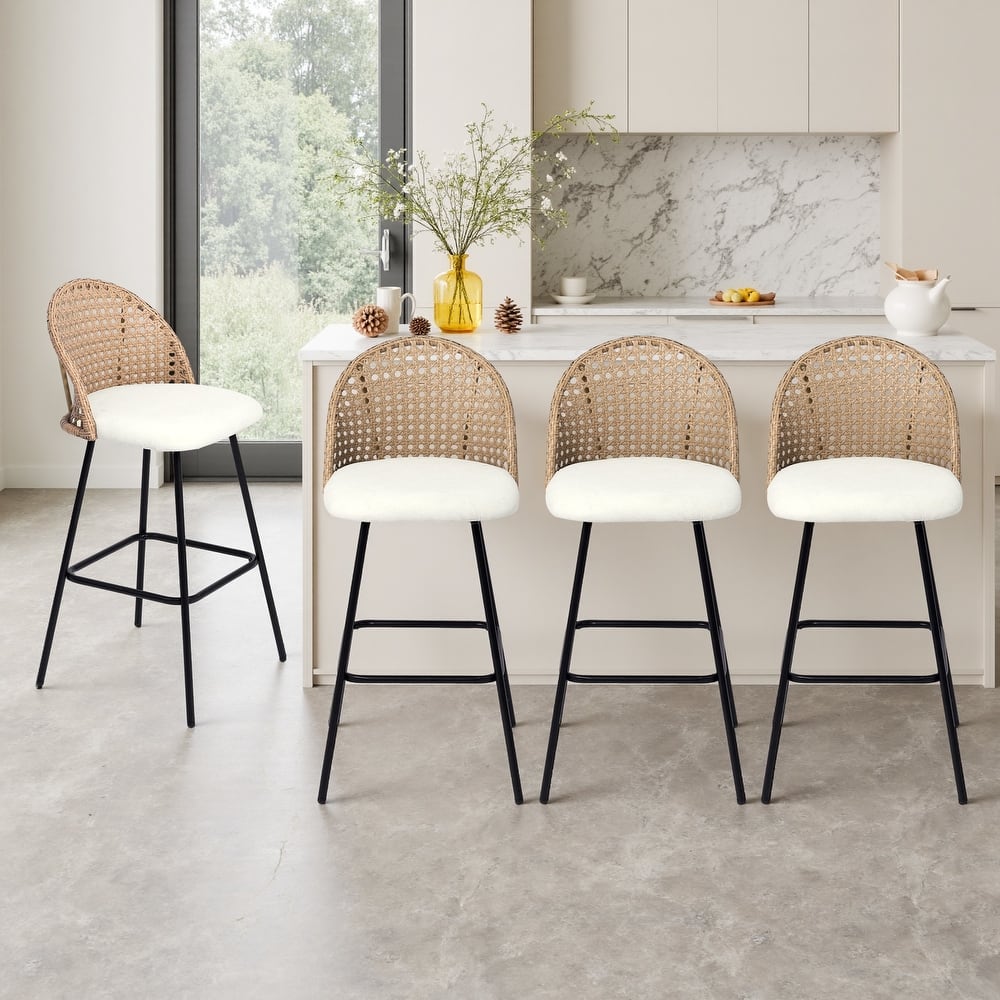 Set of 4 Rattan 29.5" Upholstered Chenille Full Back Counter Stool