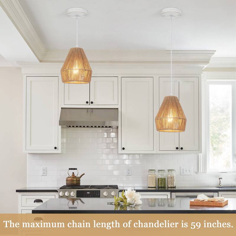 3-Light Metal Hanging Pendant Light Chandelier with Paper Rattan Shade for Kitchen Island