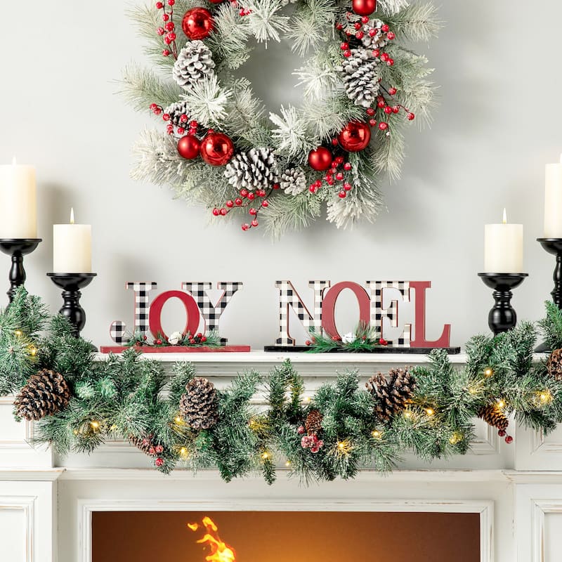 Glitzhome Christmas Wooden Plaid JOY NOEL Word Table Decor - 2 PK "JOY"&"NOEL"